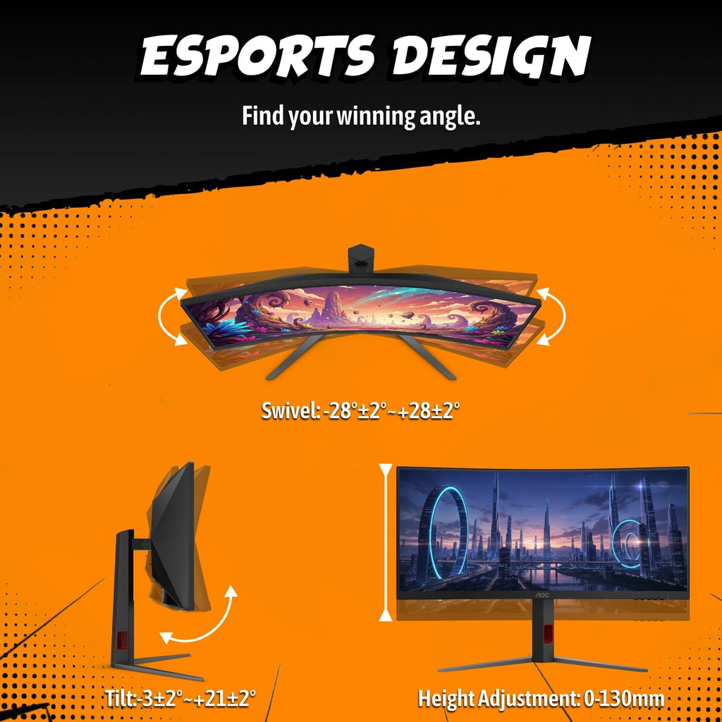 AOC CU34G4H 34 inch Curved Ultrawide Gaming Monitor, WQHD 3440x1440, 200Hz DisplayPort / 100Hz HDMI, 0.3ms MPRT, 1500R VA Panel, Adaptive-Sync, HDR Ready, DisplayPort 1.4, HDMI 2.0
