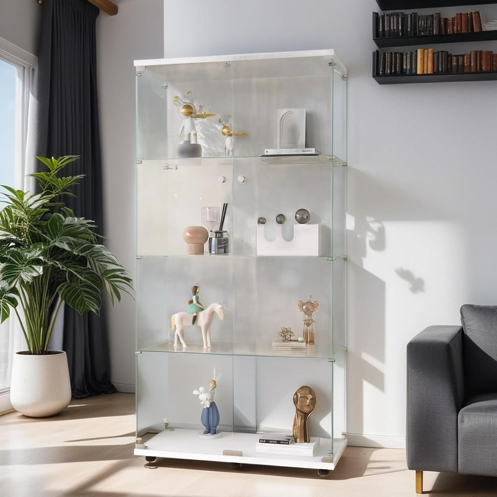 Modern 4-Tier Shelf Glass Curio Collection Display Case Cabinet with 2 Door in Clear, Showcase with Lock for Collectibles, Trophy, Action Figure 31' W x 14.3' D x 64.5' H