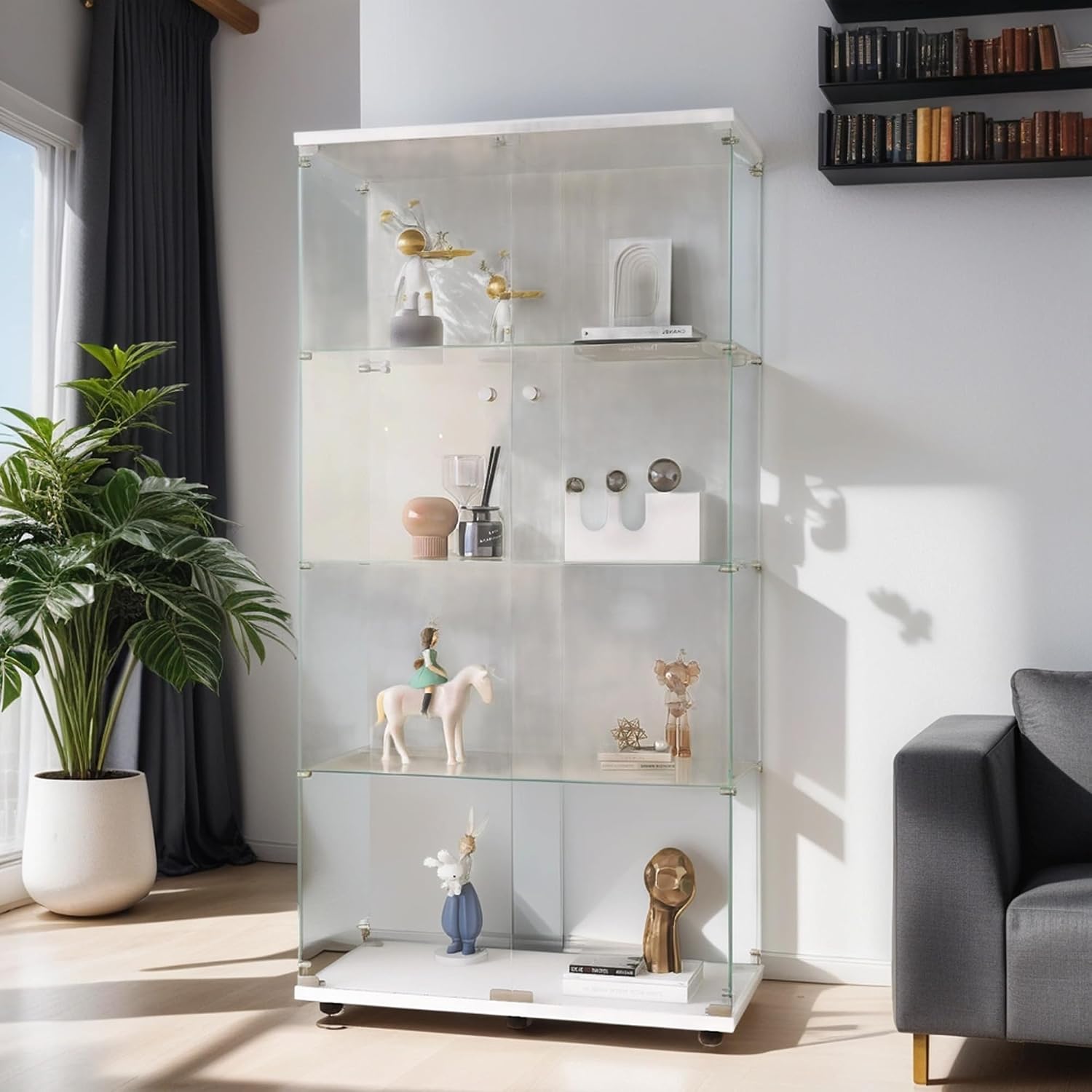 Modern 4-Tier Shelf Glass Curio Collection Display Case Cabinet with 2 Door in Clear, Showcase with Lock for Collectibles, Trophy, Action Figure 31' W x 14.3' D x 64.5' H