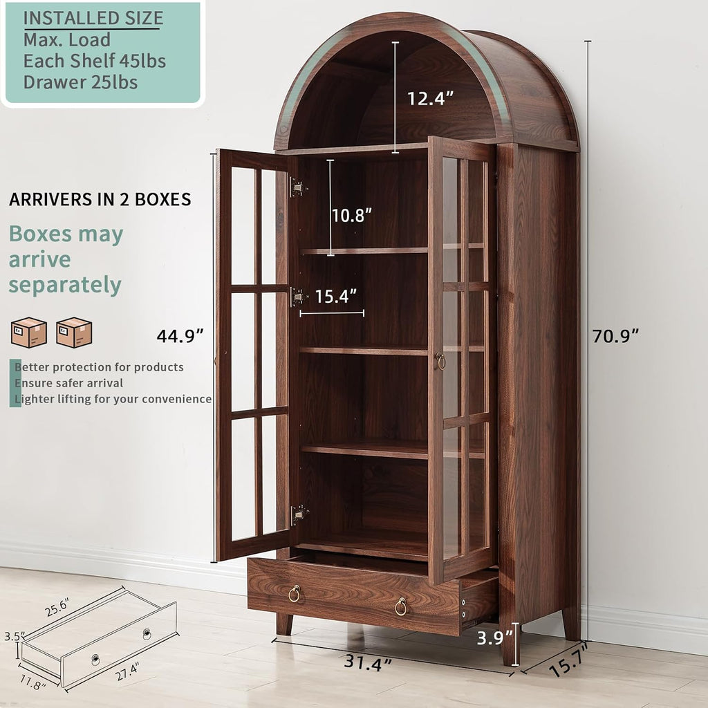 RowyPoey Farmhouse Arched Cabinet with Glass Doors, Wood Display Cabinet with Drawer and Adjustable Shelves, 71' Tall Bookshelf Modern Storage Kitchen Pantry for Living Room,Office (Walnut, 2 PCS)