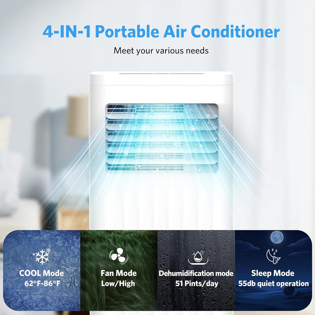 Electactic 8000 BTUs Quiet Portable Ac Unit for Room up 350 Sq.Ft, Portable Air Conditioners with Cooling, Fan, Sleep Mode, Dehumidifier, 24H Timer, Remote Control, Drain Hose