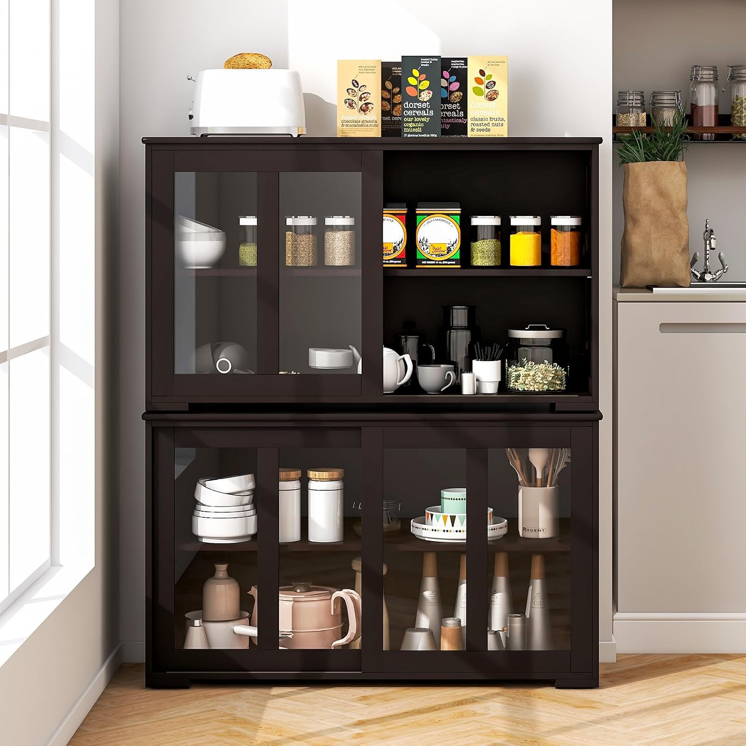 Costzon 2-Pack Wooden Kitchen Storage Cabinet with Adjustable Shelf, Sliding Glass Doors, Accent Coffee Bar Cabinet Console Table for Living Room, Dining Room, Hallway