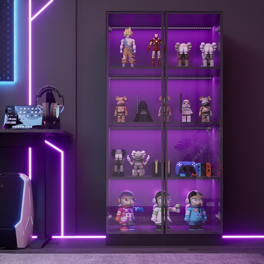 Glass Display Cabinet with LED Lights, Display Case Bookcase with 4-Tier Shelves, Curio Cabinet with 2 Glass Doors, Storage Cabinet for Collectibles, Living Room