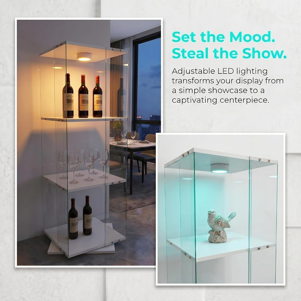 3-Tier Rotating Tempered Glass Display Cabinet, Floor Standing Curio Case with LED Touch Lights, Adjustable Feet for Living Room Corridor, Holds Collectibles Figurines Wine Trophy Jewelry,White