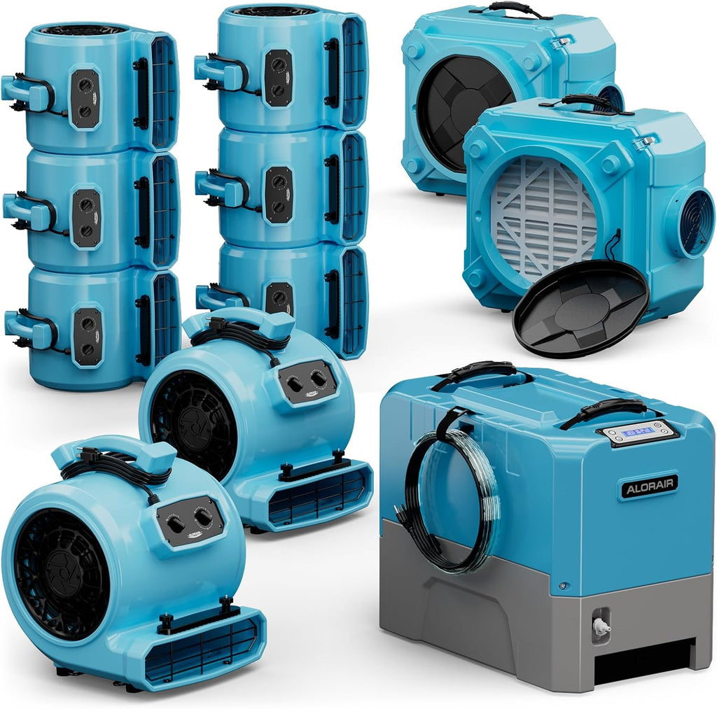 ALORAIR Water Damage Restoration Combo Package 8x Air Mover 2x Air Scrubber 1x Commercial Dehumidifier Ideal for Industrial, Commercial & Home Use - Set 2