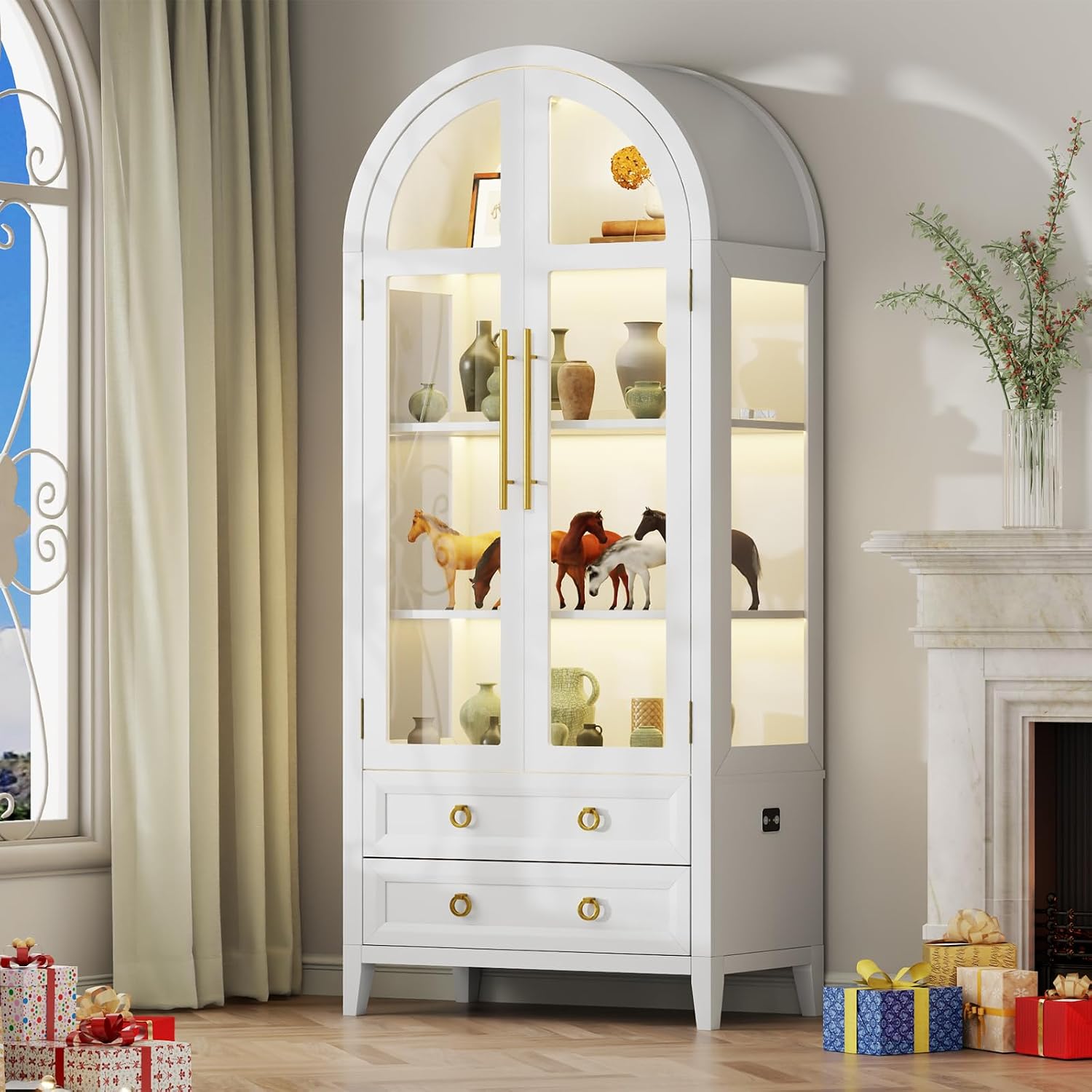 Vlsrka 71 Inch Arched Curio Cabinet, 4-Tier Display Cabinet and 2 Drawers, Tall Bookcase with 3 Color Lights, Display Case with Glass Doors, Kitchen Pantry, White