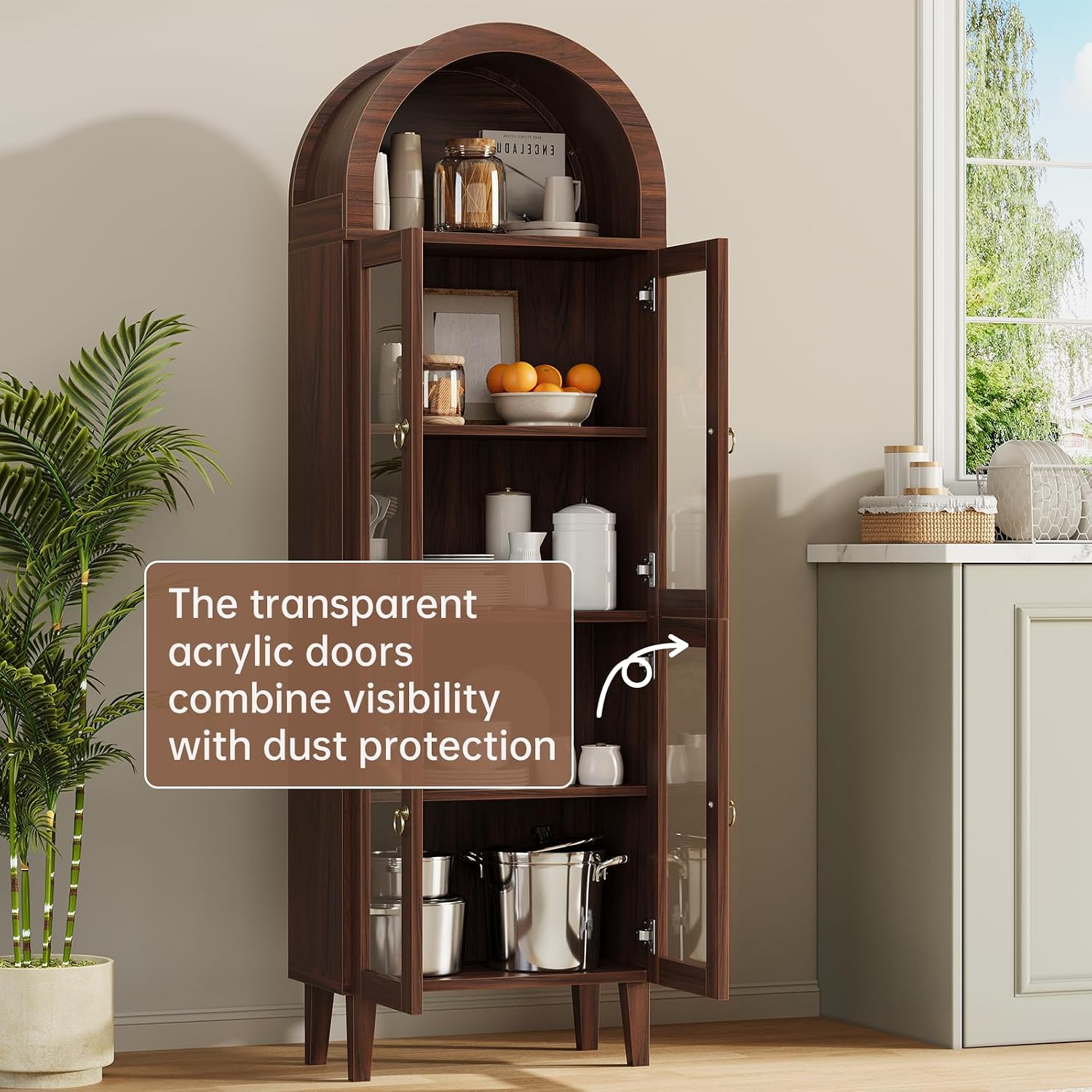71' Tall Arched Cabinet with Acrylic Door, Modern Curio Arched Bookcase, Display Cabinet Organizer, Kitchen Pantry with Top-Opening Storage Container for Living Dining Room, Brown