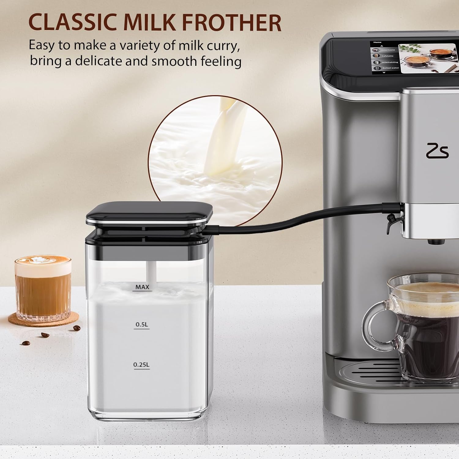 Fully Automatic Espresso Machine with Milk Frother, Built-In & Adjustable Espresso Bean Grinder, 1-15 Adjustable Grind Size Levels, 1.5L Water Tank, Auto-Cleaning, Cappuccino & Latte Machine for Home