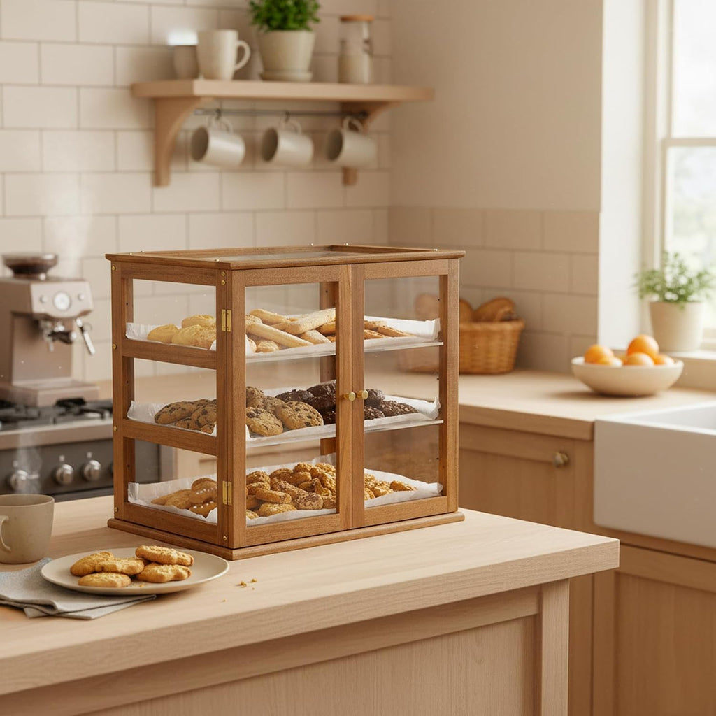 Pastry Display Case,Cookie Display, Professional-Grade Retail Bakery Display Case,,3 Tier Premium Acacia Wood and Clear Acrylic Bread Box,with Removable Trays and Rear Doors for Home or Commercial Use