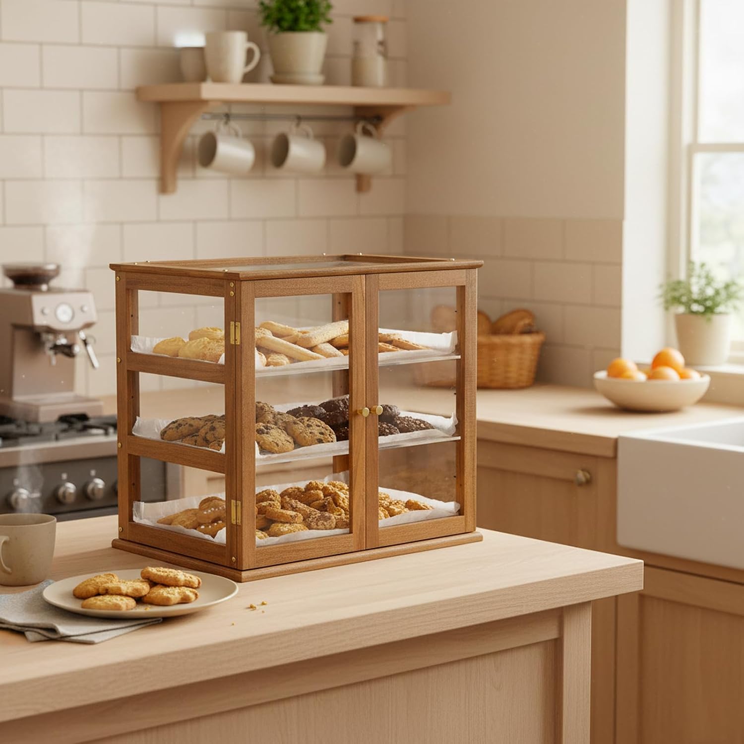 Pastry Display Case,Cookie Display, Professional-Grade Retail Bakery Display Case,,3 Tier Premium Acacia Wood and Clear Acrylic Bread Box,with Removable Trays and Rear Doors for Home or Commercial Use