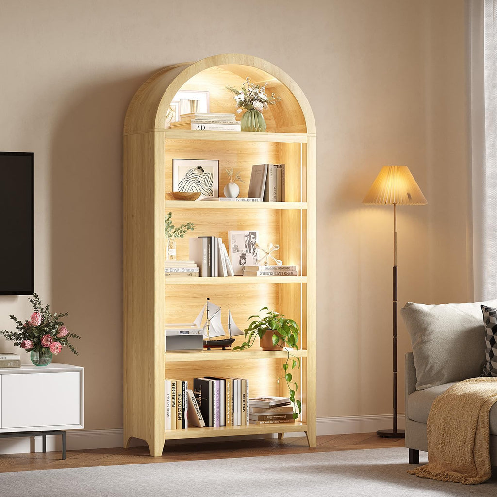 Arch Bookcase - 5 Layers Bookshelf with 3 Colors LED Sensor Lights and Thickened Wooden Design Display Shelf for Lego Books Bathroom Living Room - Ideal Gift (Light Wood)