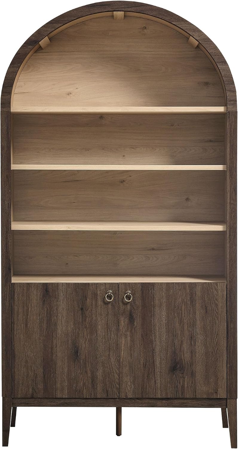Modway Nolan Tall Arched Storage Display Cabinet in Dark Walnut - 74 Inch Arch Bookshelf with Open and Closed Shelving - Modern Accent Cabinet for Living Room, Dining Room