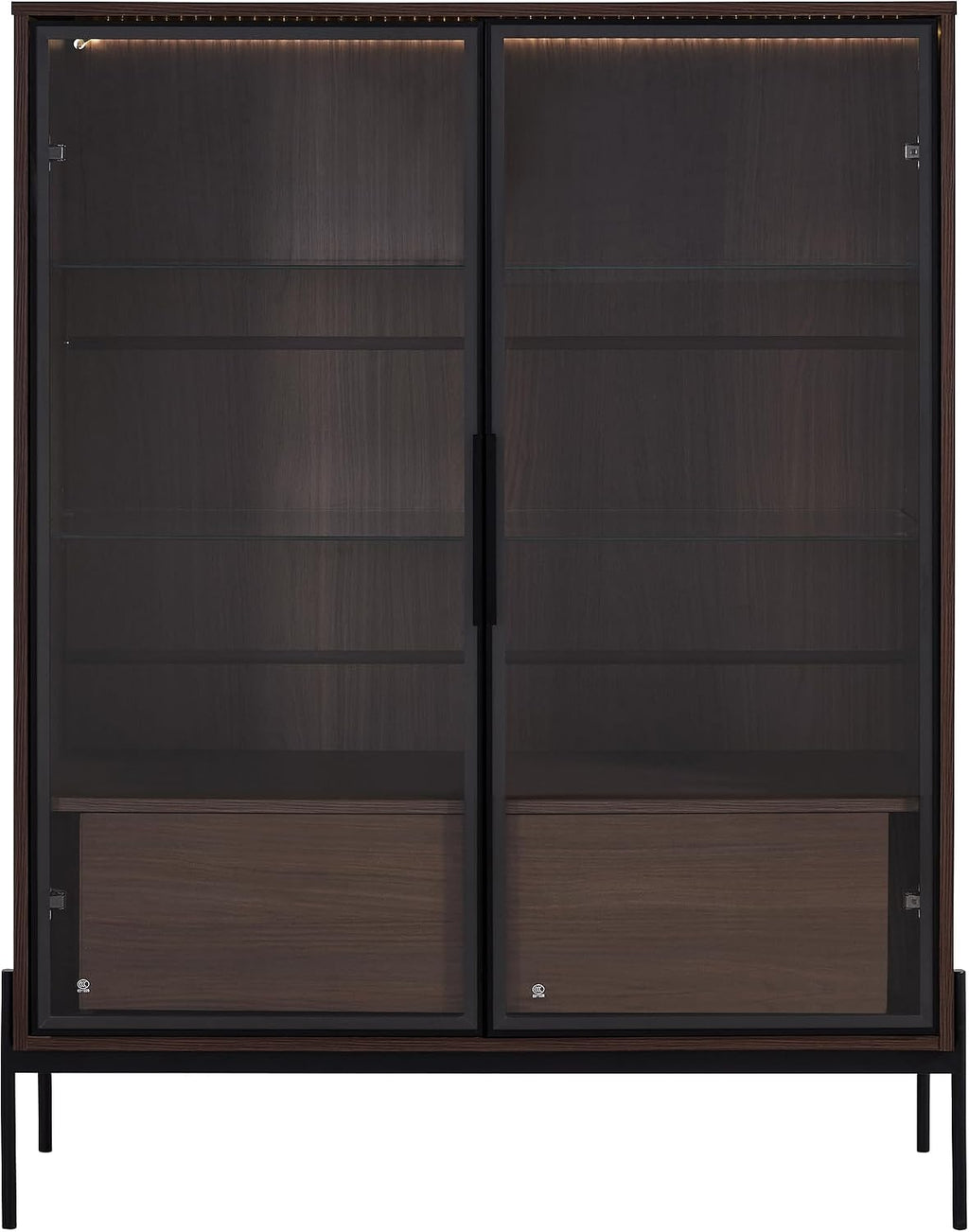 51' Minimalist Aluminum-Frame Showcase Cabinet, Lego Display Case with LED Lighting, Lego Display Shelves with Adjustable Glass Shelves & Drawers for Home Office Living Room, Black + Dark Walnut