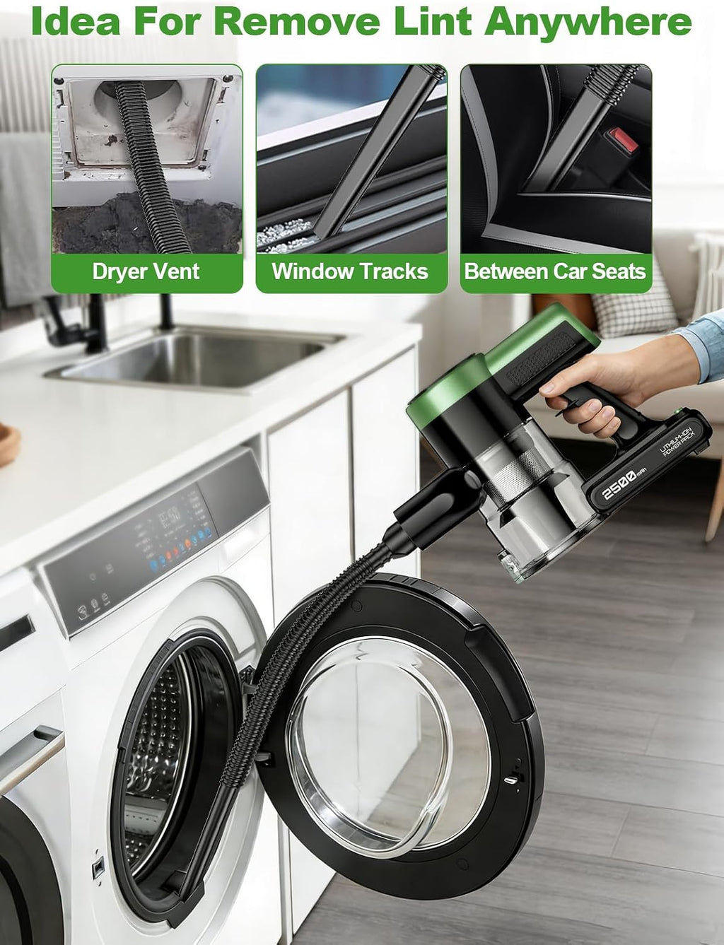 Cordless Vacuum Cleaner, 58Kpa Vacuum Cleaners for Home, 55Mins Stick Vacuum with Self-Standing & LED Display, Anti-Tangle & Wall Mount Charging (Green Black)