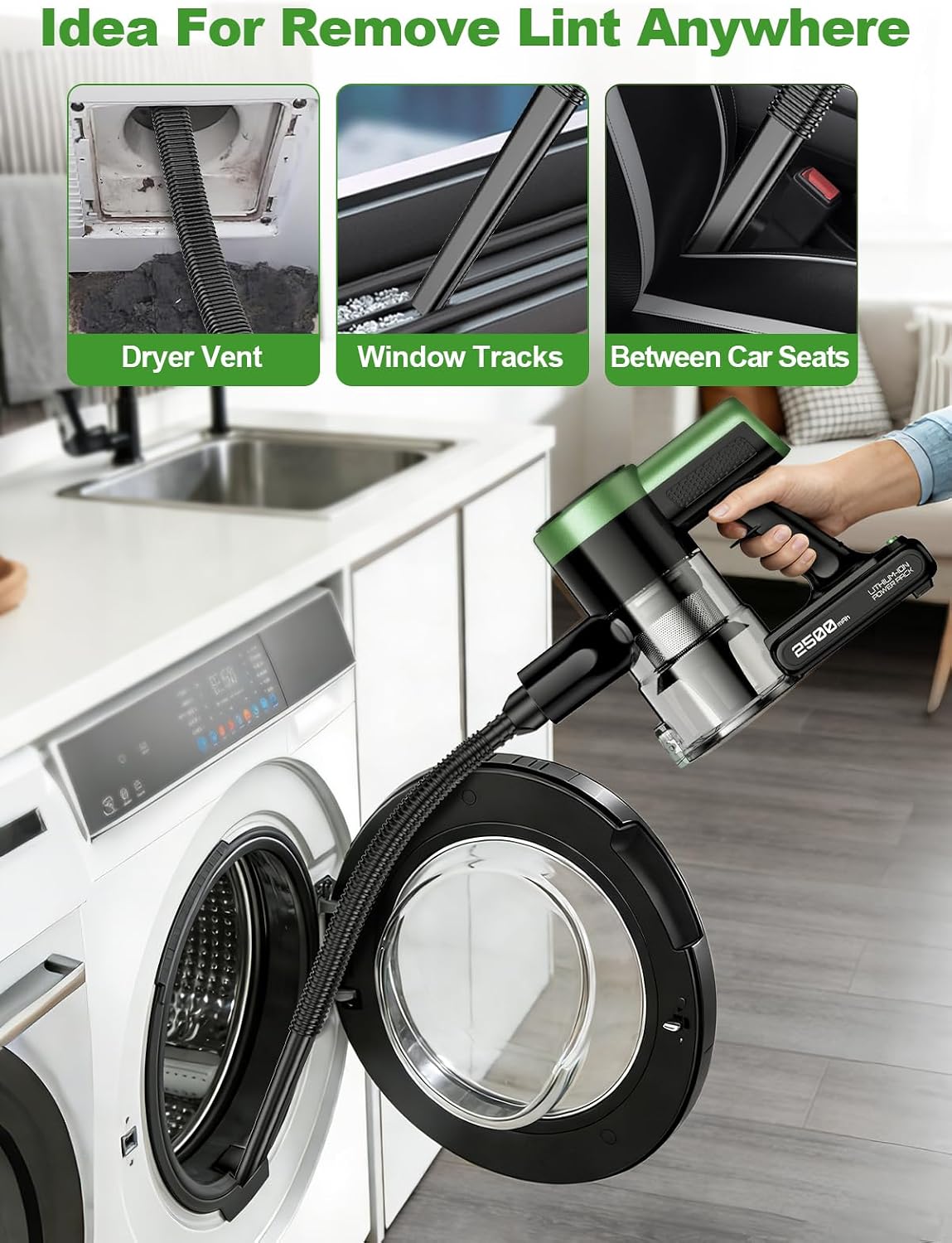 Cordless Vacuum Cleaner, 58Kpa Vacuum Cleaners for Home, 55Mins Stick Vacuum with Self-Standing & LED Display, Anti-Tangle & Wall Mount Charging (Green Black)