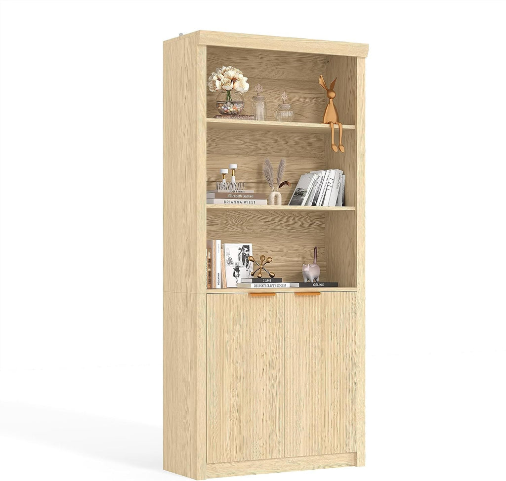 GarveeHome Tall Book Shelf and Bookcase, 31.5' Wide Wooden Bookcase with Doors, Farmhouse Book Case with Large Storage, 5-Shelf Bookcases with Adjustable top Shelve for Home Office, Living Room,Oak