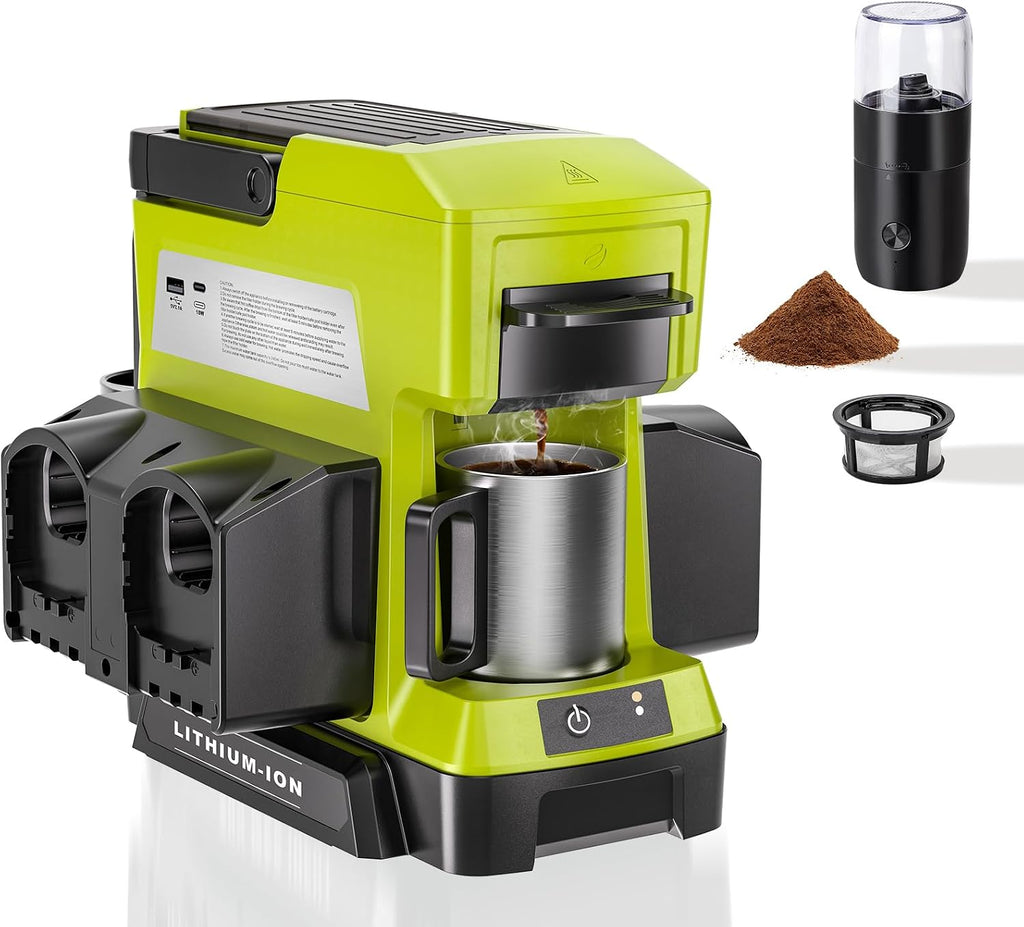 Taingwei Cordless Coffee Maker for Ryobi 18V Battery, Portable Drip Coffee Maker with Electric Coffee Grinder for RV, Camping, Travel, Car, Hiking (Battery Not Included)