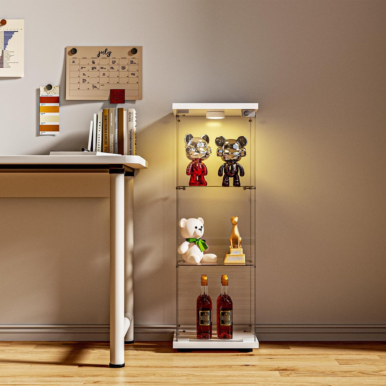 FANYUSHOW 3-Shelf Glass Display Cabinet with LED Light, Upgraded Quick-Install Style Curio Cabinets 5mm Tempered Glass Bookshelf for Bedroom, Living Room 49.1'x 16.7'x 14.3' White
