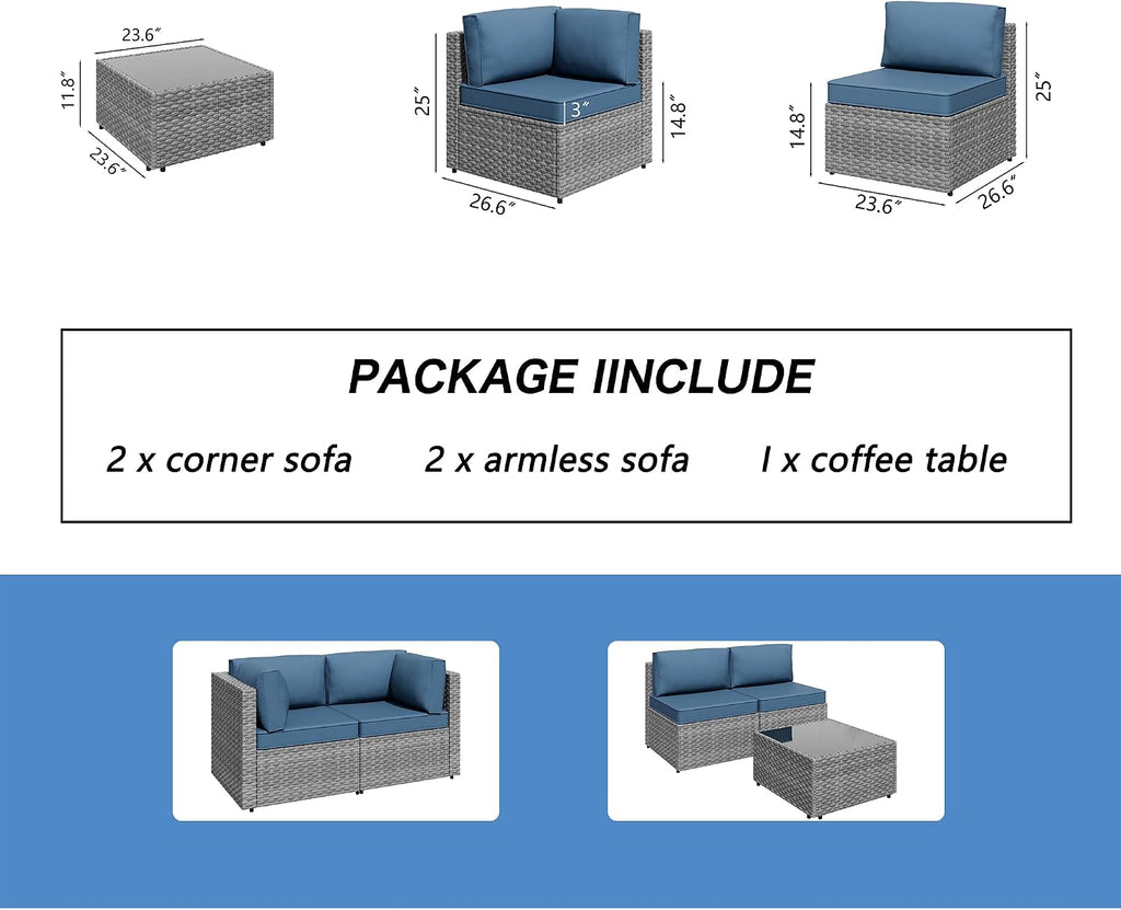 Shintenchi 5 Pieces Outdoor Patio Furniture Sets, Patio Sectional Sofa Couch, Gray PE Wicker Furniture Modular Patio Conversation Sets Patio Sofa with Washable Cushions & Table（Aegean Blue）