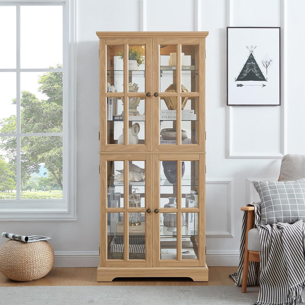 Lighted Glass Curio Cabinet with Lights & Adjustable Shelves,Curio Display Cabinet with Wood Frame & Glass Door,Corner Antique Display Case for Kitchen,Living Room,Office