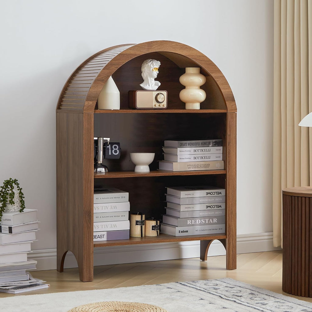 Janmer Home Freestanding Arched Bookcase, Modern 3-Tier Open Bookshelf, Low Short Bookshelf with Adjustable Shelves, Arched Storage Display Cabinet Organizer for Office, Living Room (Walnut, 1pcs)