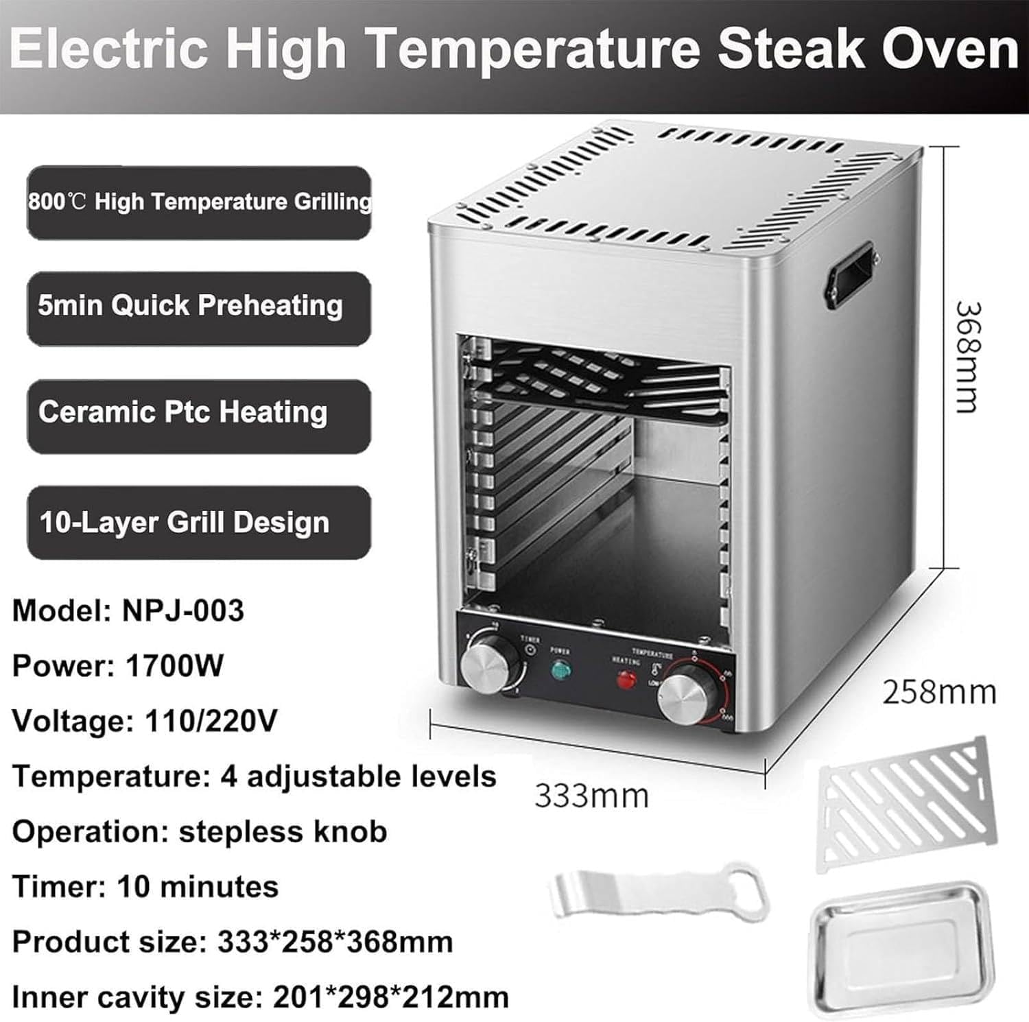 Electric Grill Indoor, 10-Tier Grill Machine for Steak & Beef, 1700W Grill With Removable Plates, 200-800℃ Range Indoor BBQ, Table Top Grill For Cooking Indoors