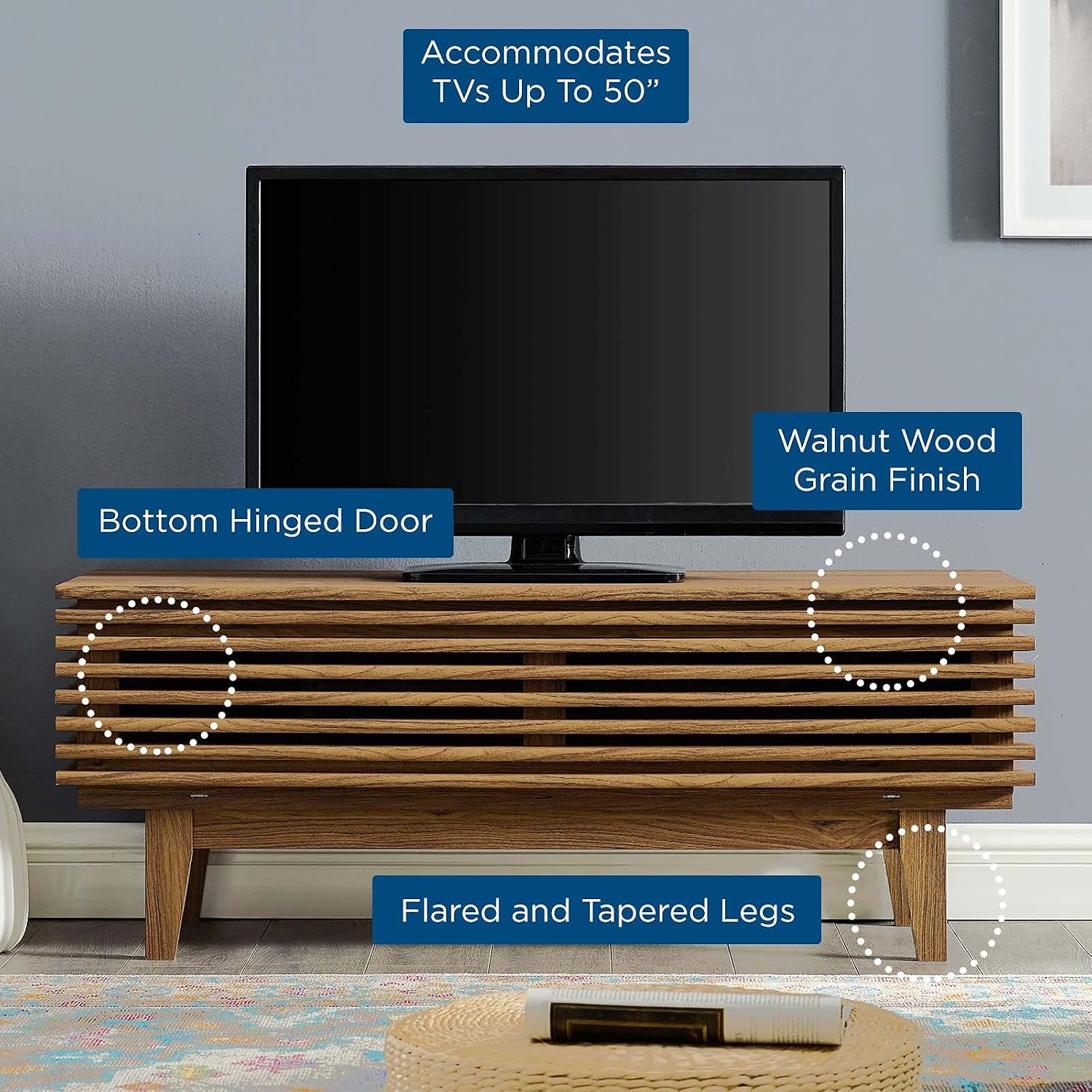 Modway Render 46' Mid-Century Modern Low Profile TV Stand in Walnut, 46 Inch