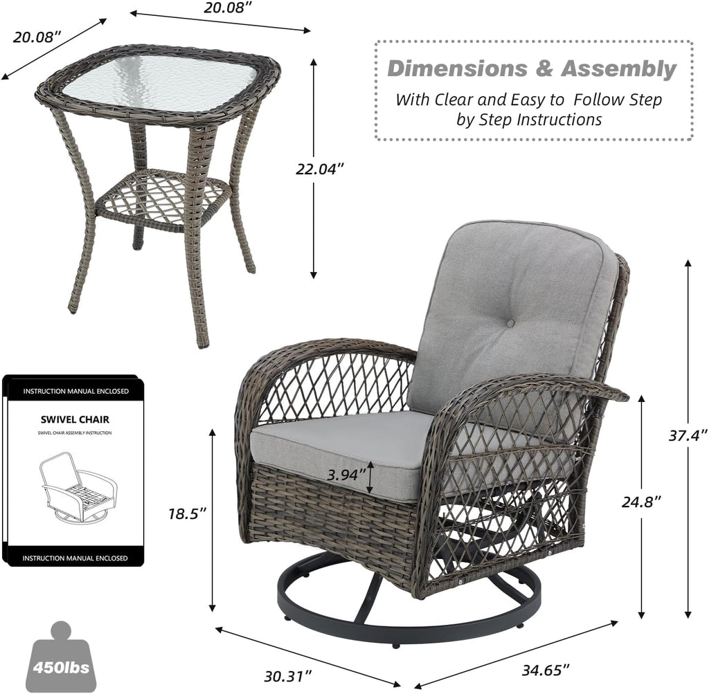 EROMMY 3 Pieces Outdoor Swivel Rocker Patio Chairs, 360 Degree Rocking Patio Conversation Set with Thickened Cushions and Glass Coffee Table for Backyard, Grey