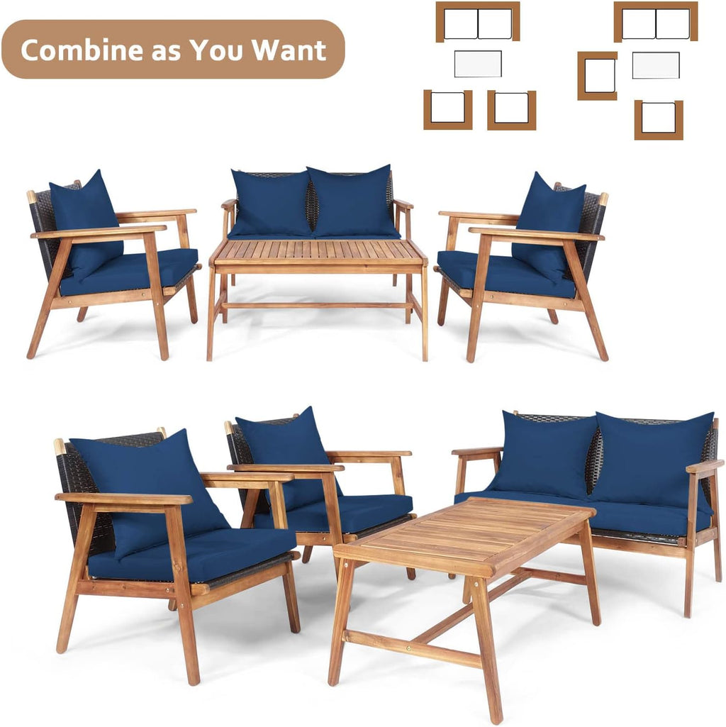 Tangkula 4-Piece Patio Furniture Set, Outdoor Acacia Wood Conversation Set with Cushions and Coffee Table, Outdoor PE Wicker Sectional Sofa Set for Garden, Poolside and Backyard (1, Navy)