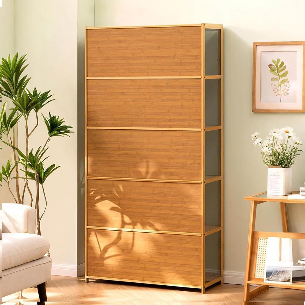 Display Cabinet with Acrylic Glass Doors, 5-Tier Curio Cabinet, Collectibles Toy Organizers Rack & Display Shelf, High Display Case for Home, Office, Playroom, Living Room (Wooden flep Door)