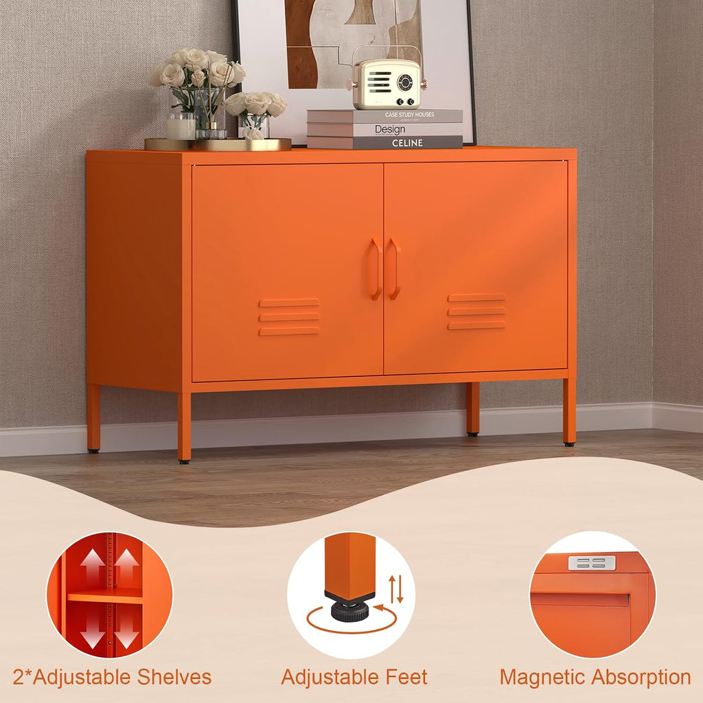 IRONFFICE Locker Cabinet,Metal Storage Cabinet with 2 Doors,Morden TV Stand for Living Room,Bedroom,Orange