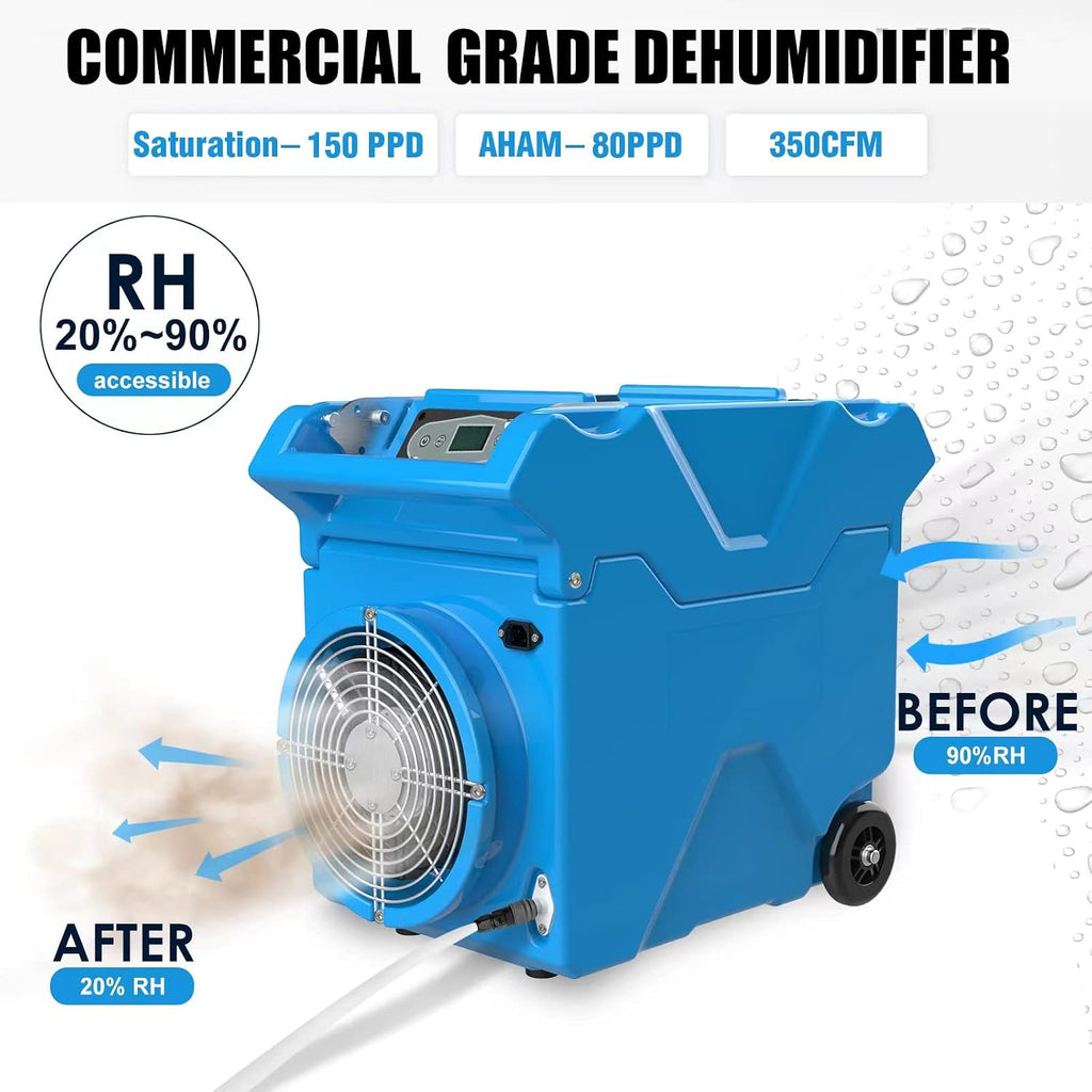 Mounto 150pints Commercial LGR Dehumidifier w/Handle and Wheels - Panasonic Compressor, ETL Certified, Compact & Stackable, Built-in Pump, LED Display