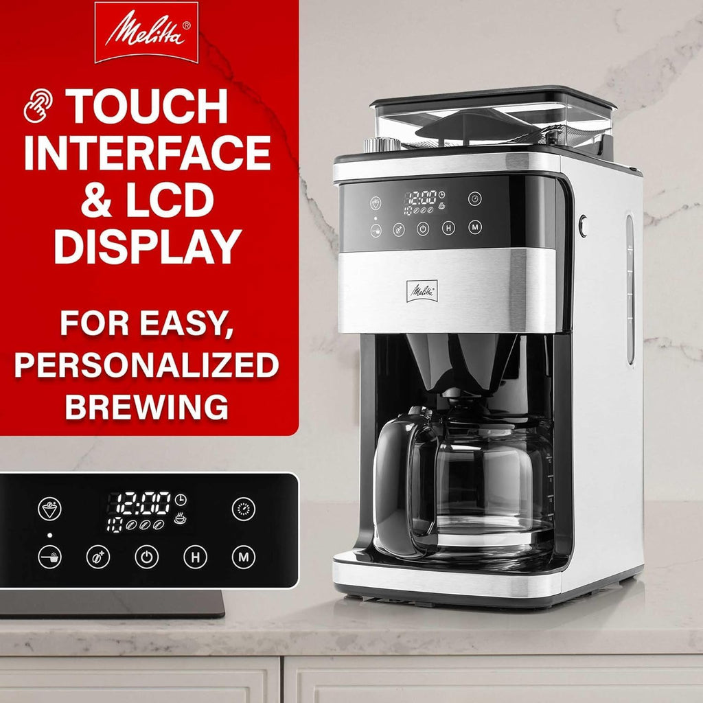 Melitta® Aroma Fresh™ Plus 10-Cup Automatic Drip, Programmable Coffee Maker with built in Burr Coffee Grinder, 5-Pack Coffee Filters included