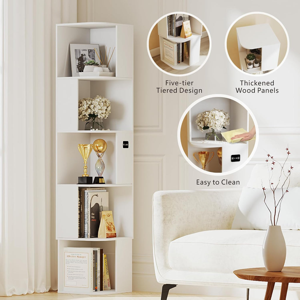 5 Shelf Bookcase - Corner Bookshelf with 3 Colors LED Sensor Lights Modern Cube Storage Organizer for Lego Books Living Room Study Bedroom - Ideal Gift (White)