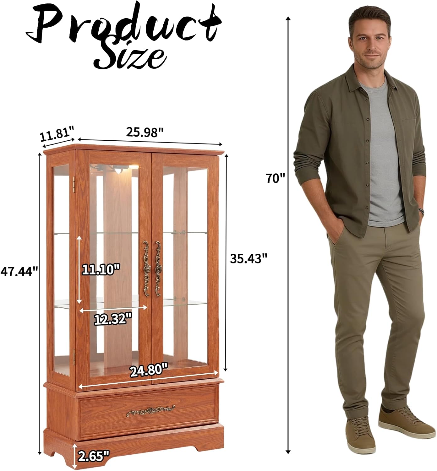 3-Tier Lighted Glass Curio Display Cabinet, 47' H Glass Accent Storage Cabinet with Adjustable Shelves & 1 Drawer, Wooden Wine Display Case with Mirrored Back Panel for Living Room(Dark Oak)