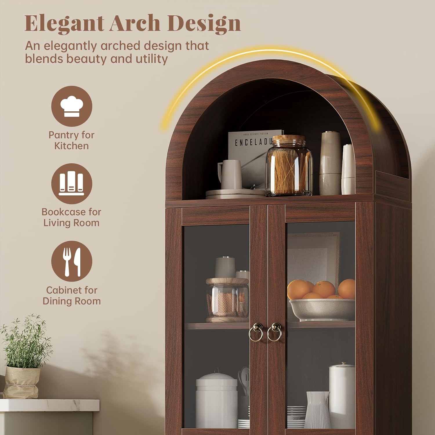 71' Tall Arched Cabinet with Acrylic Door, Modern Curio Arched Bookcase, Display Cabinet Organizer, Kitchen Pantry with Top-Opening Storage Container for Living Dining Room, Brown