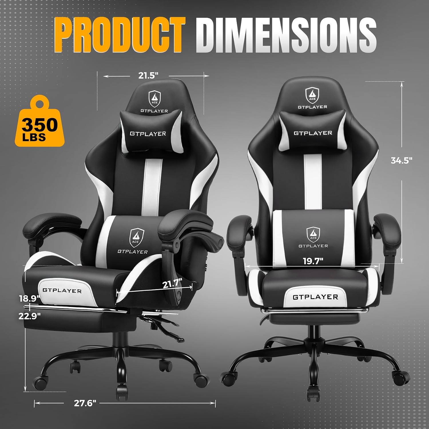 GTPLAYER Gaming Chair with Foot Rest & Pocket Spring Cushion, Ergonomic High Back Computer Chair with Headrest & 360°-Swivel Seat for Home Office Desk, PU Leather, White/Black