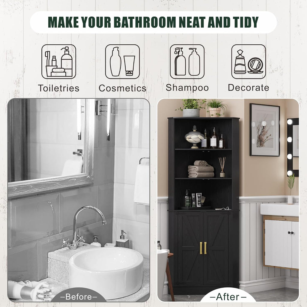 TAGELIER Farmhouse Corner Cabinet with LED Light, 67' Tall Bathroom Cabinet with 2 Doors and 3 Tier Shelves, Free Standing Corner Storage Cabinet for Living Room or Kitchen, Black