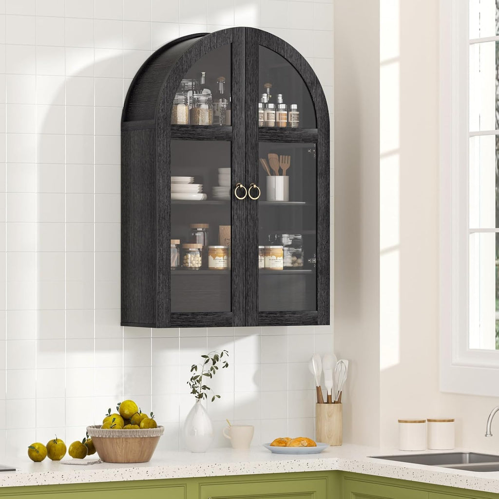 Arched Wall Cabinet with Tempered Glass Doors, 23.5×31.4 Inch Hanging Storage Cabinet with Adjustable Shelf, Glass Display Cabinet for Bathroom, Kitchen, Living Room, Black