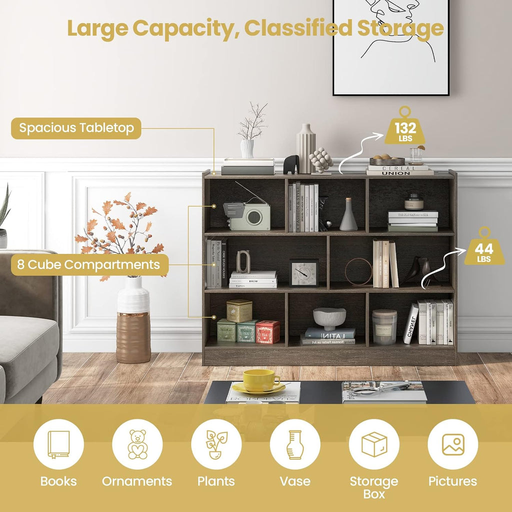 Tangkula 8-Cube Bookcase, Wood 3 Tier Open Storage Bookshelf, Modern Multipurpose Display Cabinet for Living Room, Study, Reading Nook, 48 x 12.5 x 36.5 Inch, Grey