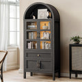 71' Display Arched Storage Cabinet with Glass Doors & Auto Sensor LED Lights, Tall Modern Black Storage Cabinets with Drawers and Adjustable Shelves for Dining Room/Bathroom/Kitchen/Office