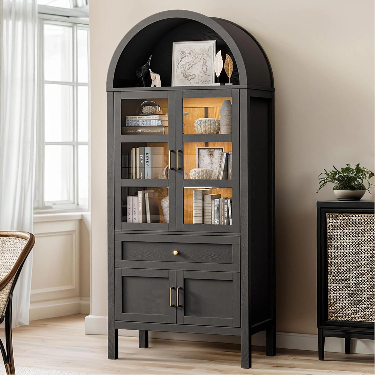 71' Display Arched Storage Cabinet with Glass Doors & Auto Sensor LED Lights, Tall Modern Black Storage Cabinets with Drawers and Adjustable Shelves for Dining Room/Bathroom/Kitchen/Office