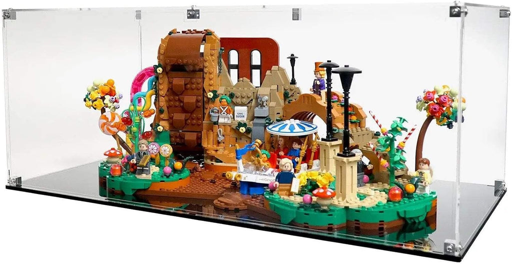 Display Case Compatible with LEGO Ideas 21360 Willy Wonka and the Chocolate Factory – UV-Printed Background and Base, Dustproof Acrylic Showcase, Set Not Included