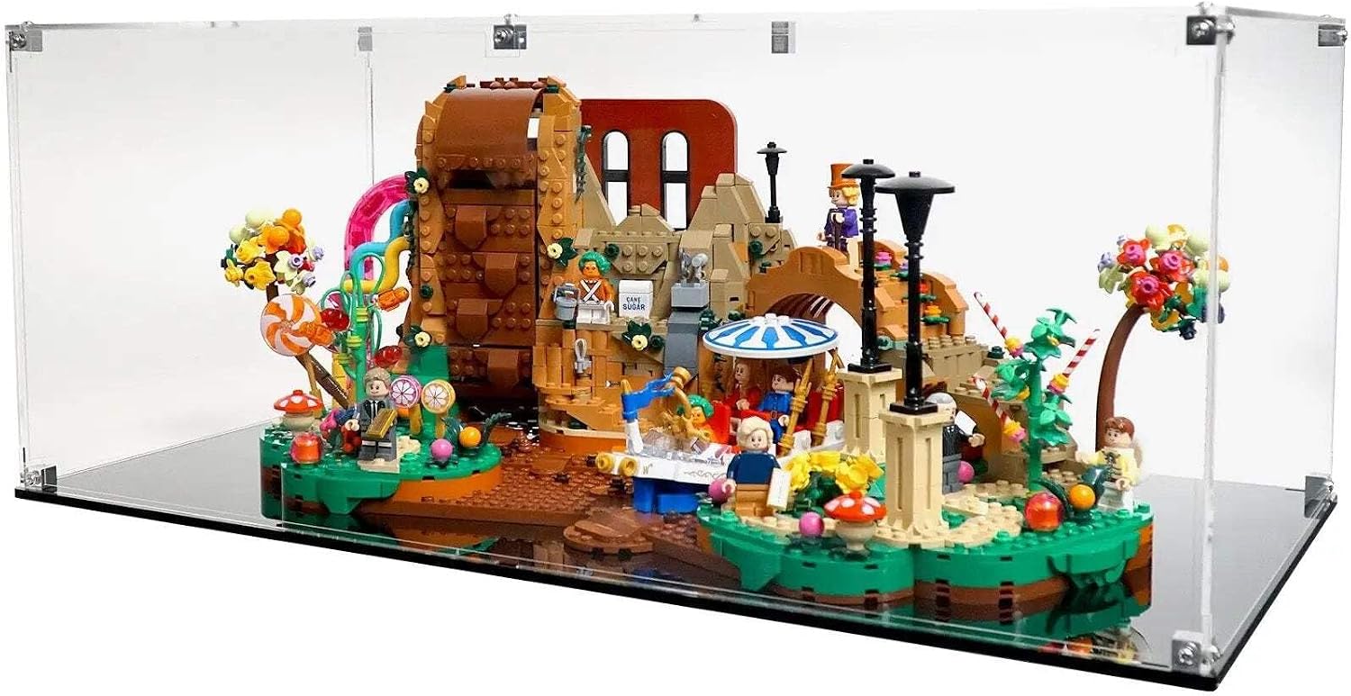 Display Case Compatible with LEGO Ideas 21360 Willy Wonka and the Chocolate Factory – UV-Printed Background and Base, Dustproof Acrylic Showcase, Set Not Included