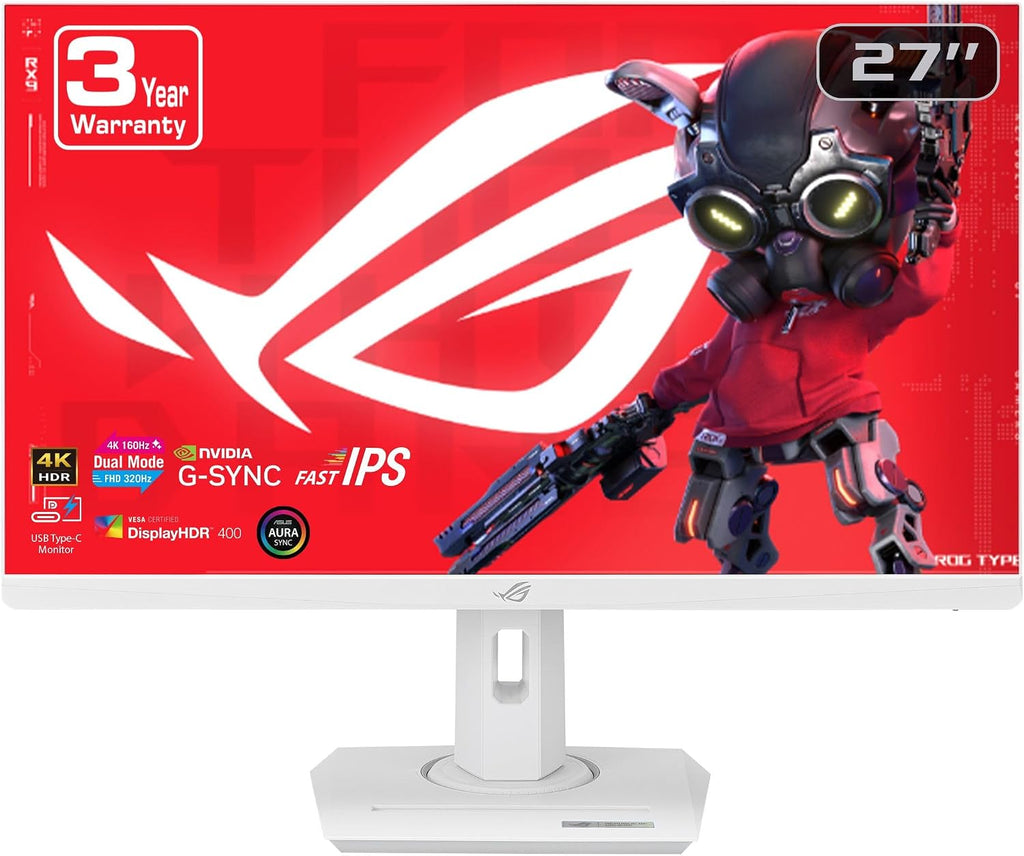 ASUS ROG Strix 27' 4K HDR USB-C Gaming Monitor (XG27UCG-W) – White, UHD (3840x2160) Dual Mode (4K 160Hz or FHD 320Hz), 1ms, Fast IPS, ELMB Sync, G-SYNC Compatible, AI Gaming, 3yr Warranty