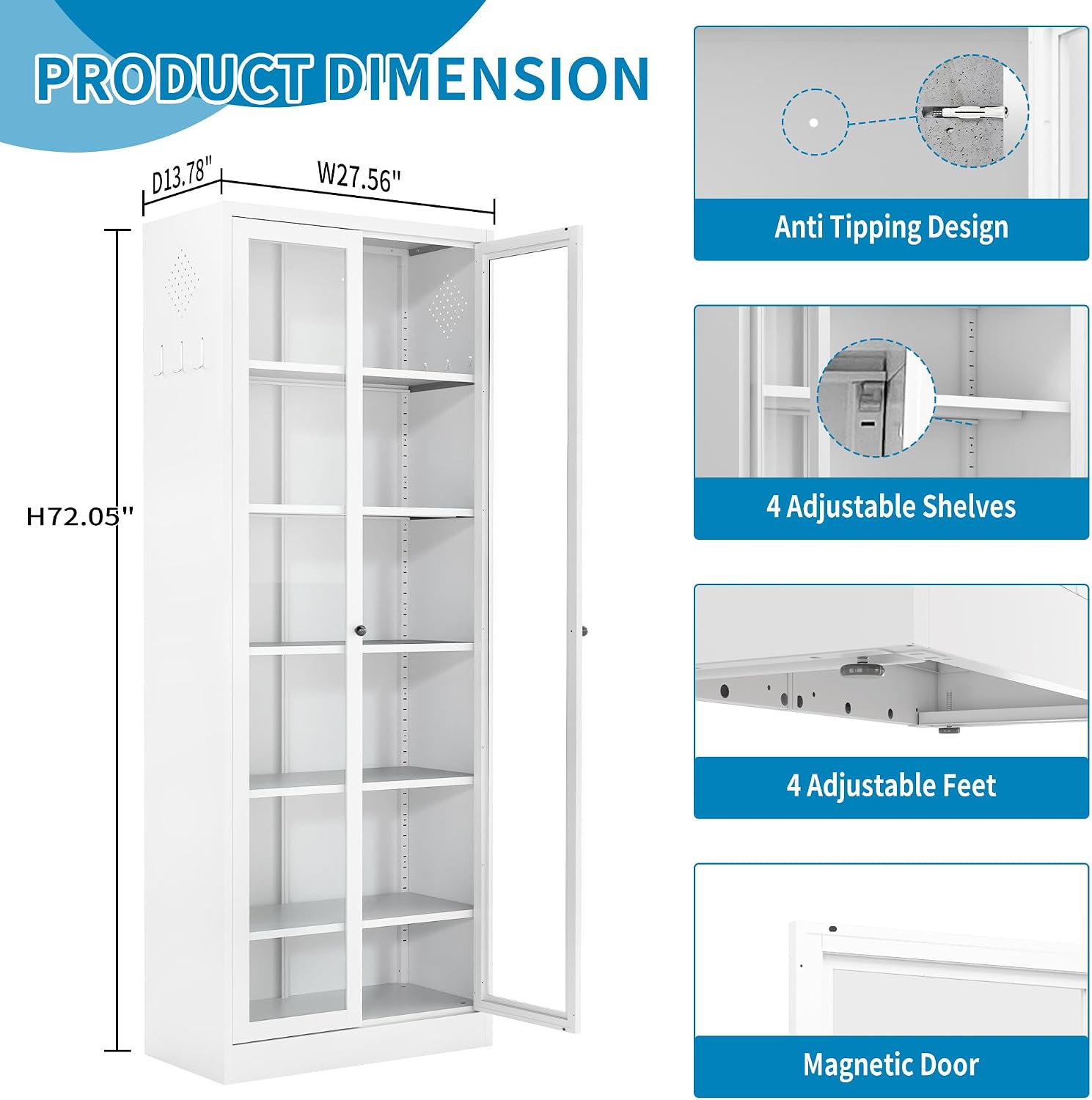 Full Glass Door Steel Pantry Cabinet 71' Tall Metal Kitchen Storage Organizer with Adjustable Shelves, Double Glass Doors Storage Cabinet for Kitchen, Dining Room, Garage, Assembly Required