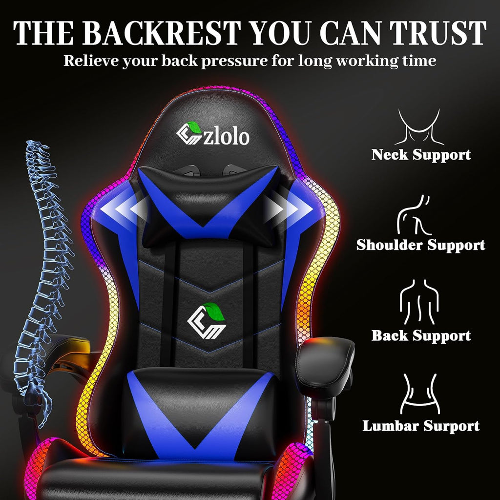 Czlolo Gaming Chair, Racing Style RGB LED Lights Gaming Chairs for Adults and Kids, Lumbar Massager Gamer Chair, High Back Reclining Computer Chair with Footrest and Headrest (Black/Blue)