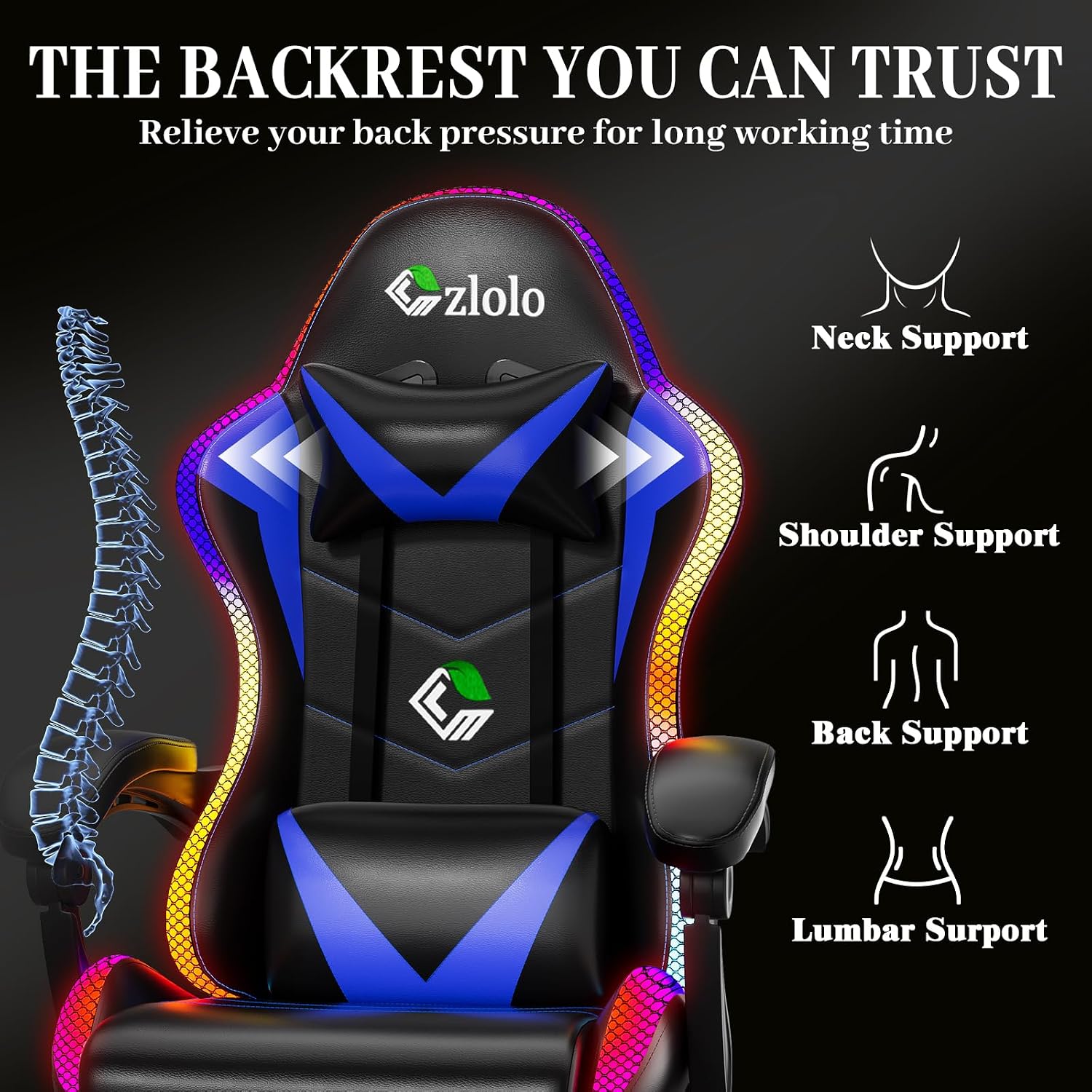 Czlolo Gaming Chair, Racing Style RGB LED Lights Gaming Chairs for Adults and Kids, Lumbar Massager Gamer Chair, High Back Reclining Computer Chair with Footrest and Headrest (Black/Blue)