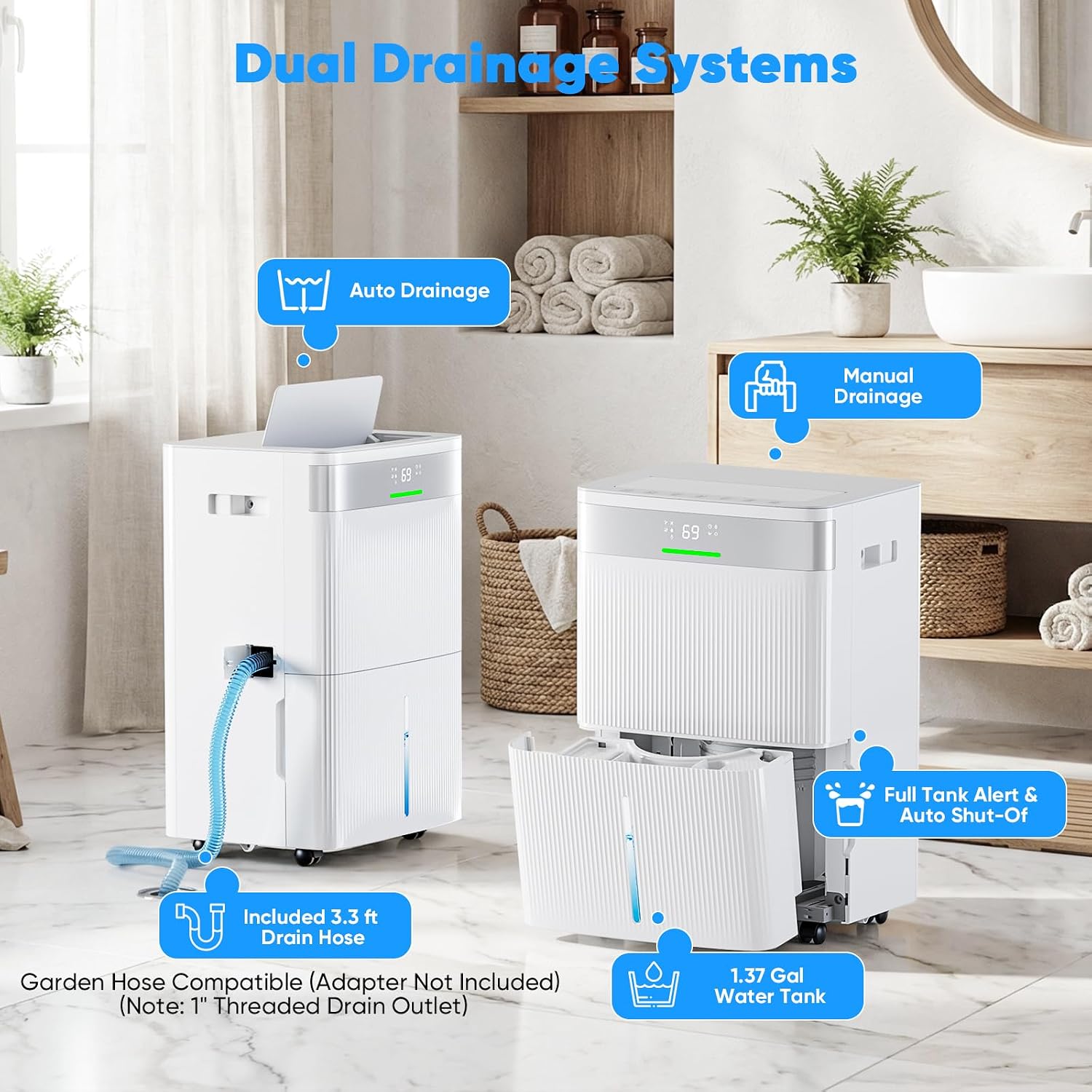 HUMLABS 82 Pints Dehumidifier for Home, 5000 Sq. Ft Dehumidifier for Basement with Drain Hose, Front LED Screen and 1.37 Gal Water Tank, Three Modes, Auto Defrost and 24HR Timer