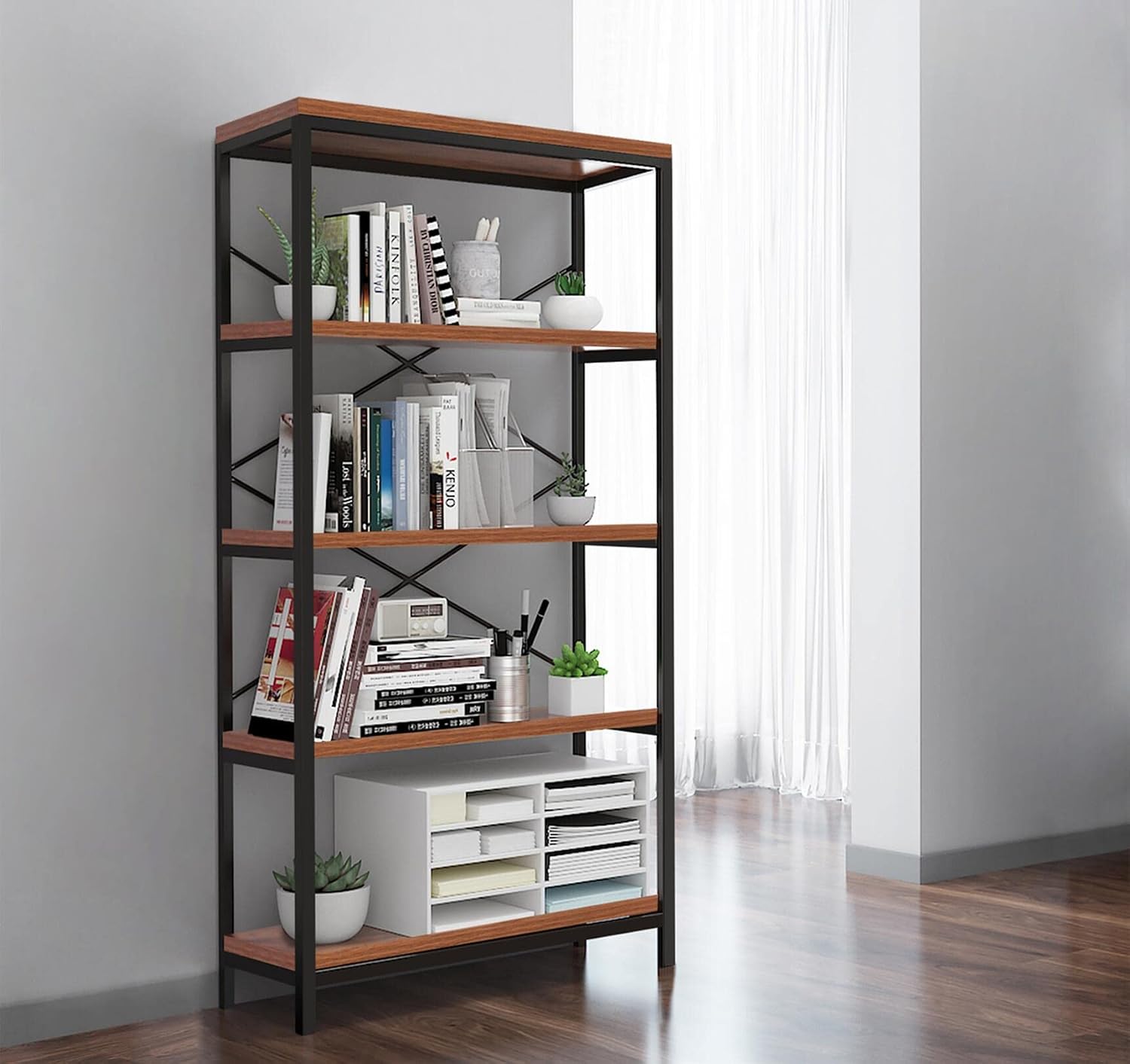 Himimi Industrial Bookshelf 5-Tier, Bookcase 58' H Ladder Shelf, Storage Shelves Rack Shelf Unit, Accent Furniture Metal Frame, Home Office Furniture for Bathroom, Living Room, Vintage Brown